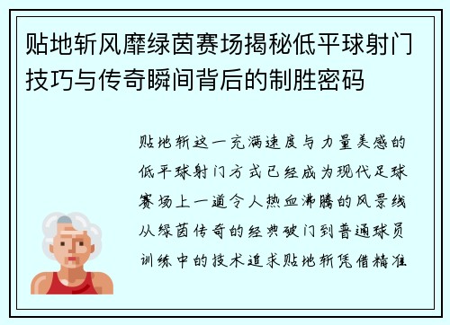贴地斩风靡绿茵赛场揭秘低平球射门技巧与传奇瞬间背后的制胜密码